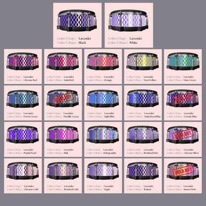 Easy-to-install custom vinyl snare drum wrap color catalogue featuring a wide range of color and pattern options on a snare drum, perfect for drummers looking to personalize their snare drum with unique designs.