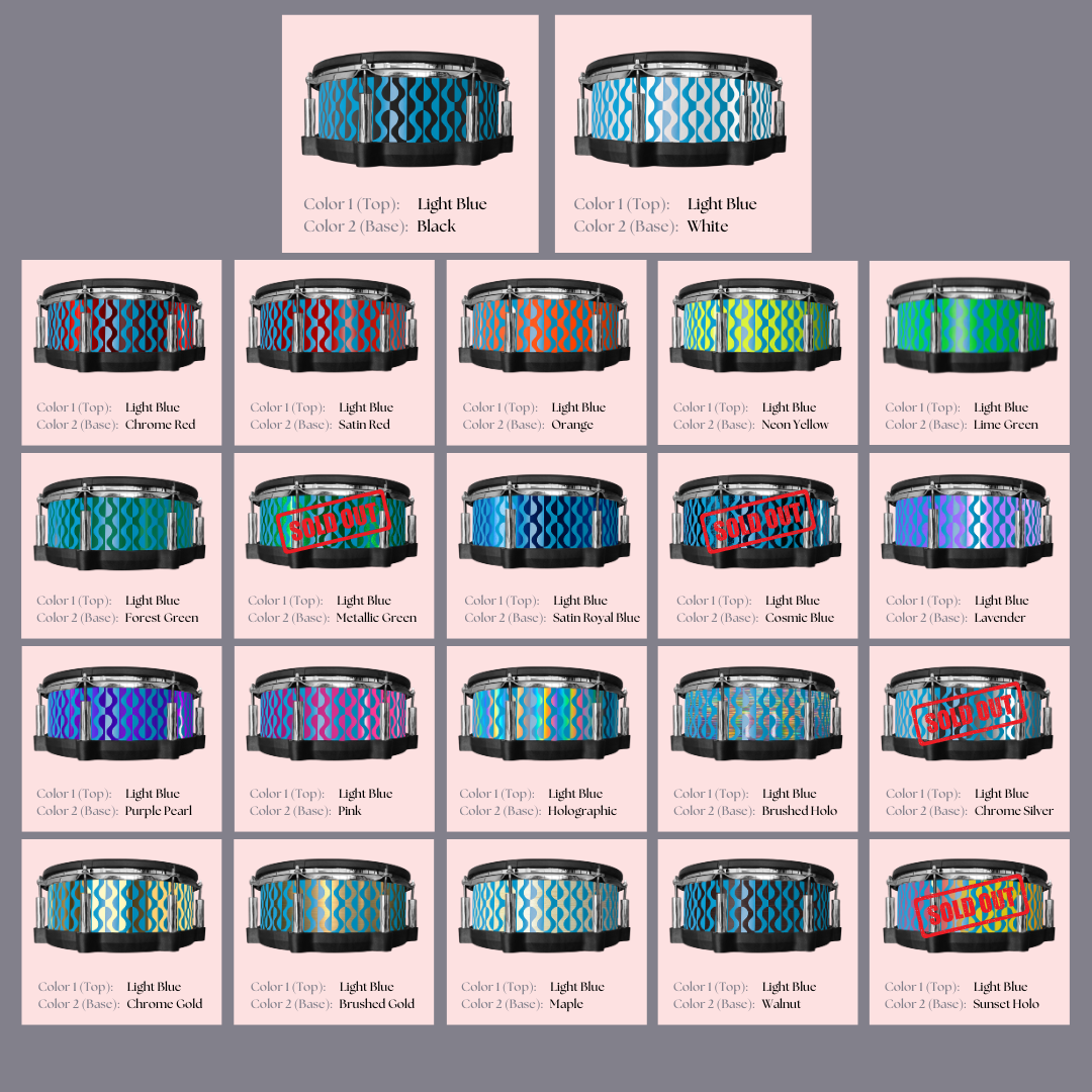 Easy-to-install custom vinyl snare drum wrap color catalogue featuring a wide range of color and pattern options on a snare drum, perfect for drummers looking to personalize their snare drum with unique designs.