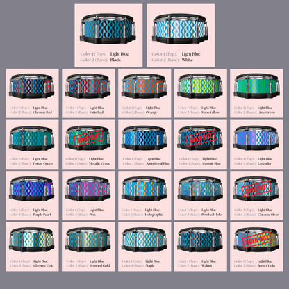 Easy-to-install custom vinyl snare drum wrap color catalogue featuring a wide range of color and pattern options on a snare drum, perfect for drummers looking to personalize their snare drum with unique designs.
