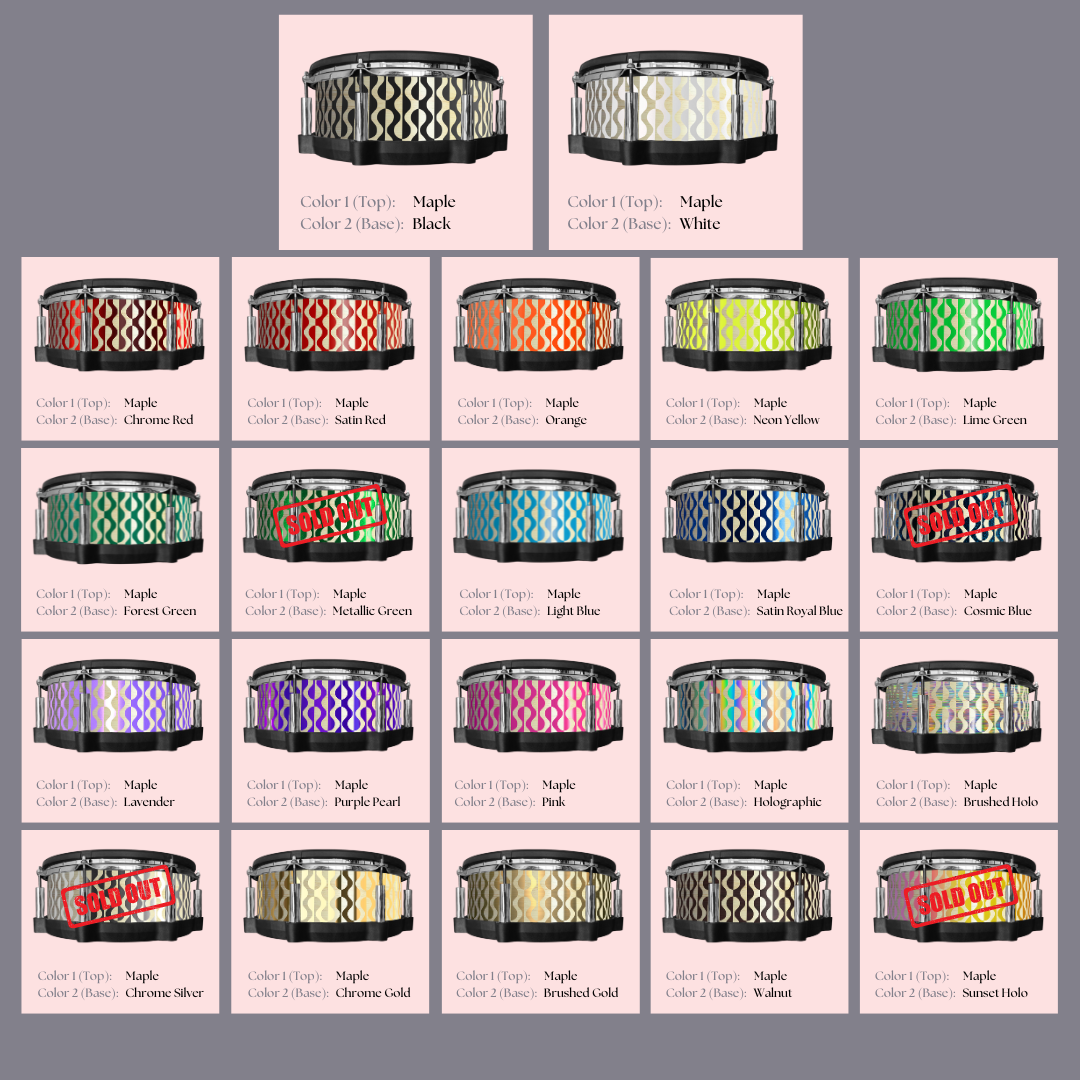 Easy-to-install custom vinyl snare drum wrap color catalogue featuring a wide range of color and pattern options on a snare drum, perfect for drummers looking to personalize their snare drum with unique designs.