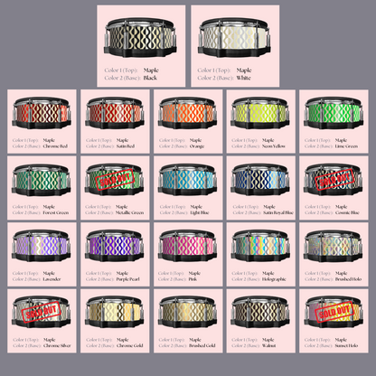 Easy-to-install custom vinyl snare drum wrap color catalogue featuring a wide range of color and pattern options on a snare drum, perfect for drummers looking to personalize their snare drum with unique designs.