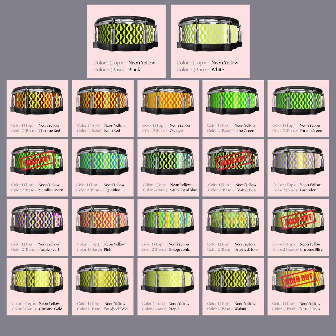 Easy-to-install custom vinyl snare drum wrap color catalogue featuring a wide range of color and pattern options on a snare drum, perfect for drummers looking to personalize their snare drum with unique designs.