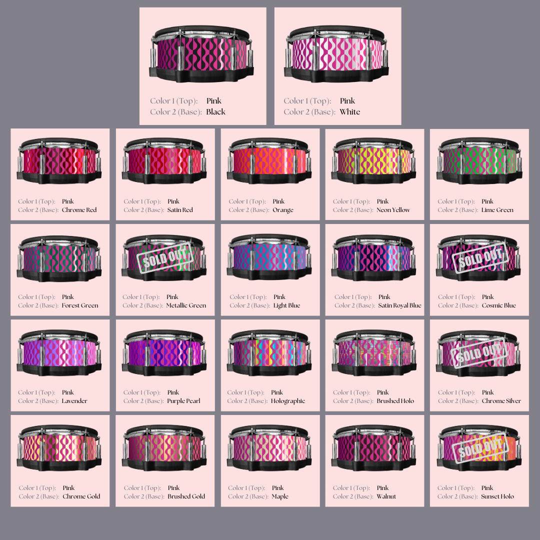 Easy-to-install custom vinyl snare drum wrap color catalogue featuring a wide range of color and pattern options on a snare drum, perfect for drummers looking to personalize their snare drum with unique designs.