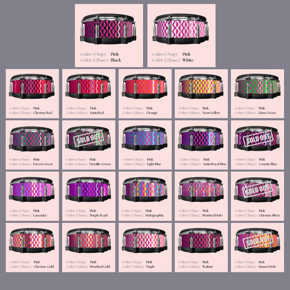 Easy-to-install custom vinyl snare drum wrap color catalogue featuring a wide range of color and pattern options on a snare drum, perfect for drummers looking to personalize their snare drum with unique designs.