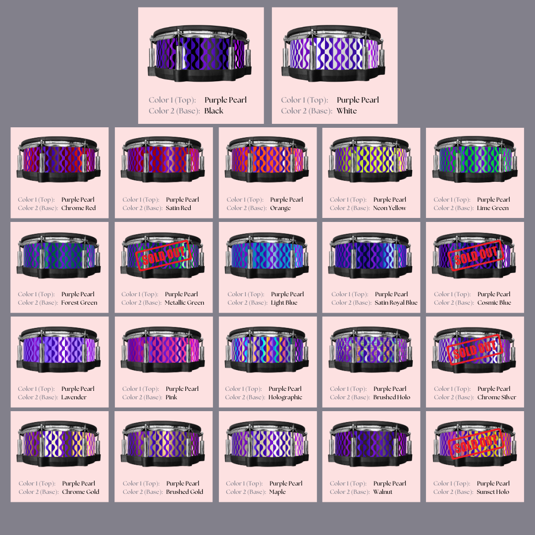 Easy-to-install custom vinyl snare drum wrap color catalogue featuring a wide range of color and pattern options on a snare drum, perfect for drummers looking to personalize their snare drum with unique designs.