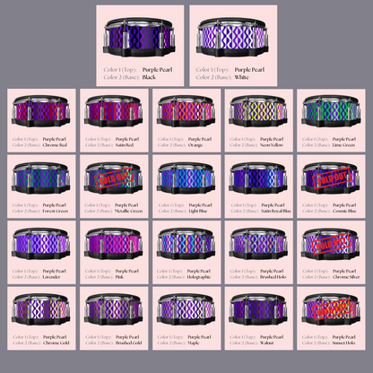 Easy-to-install custom vinyl snare drum wrap color catalogue featuring a wide range of color and pattern options on a snare drum, perfect for drummers looking to personalize their snare drum with unique designs.