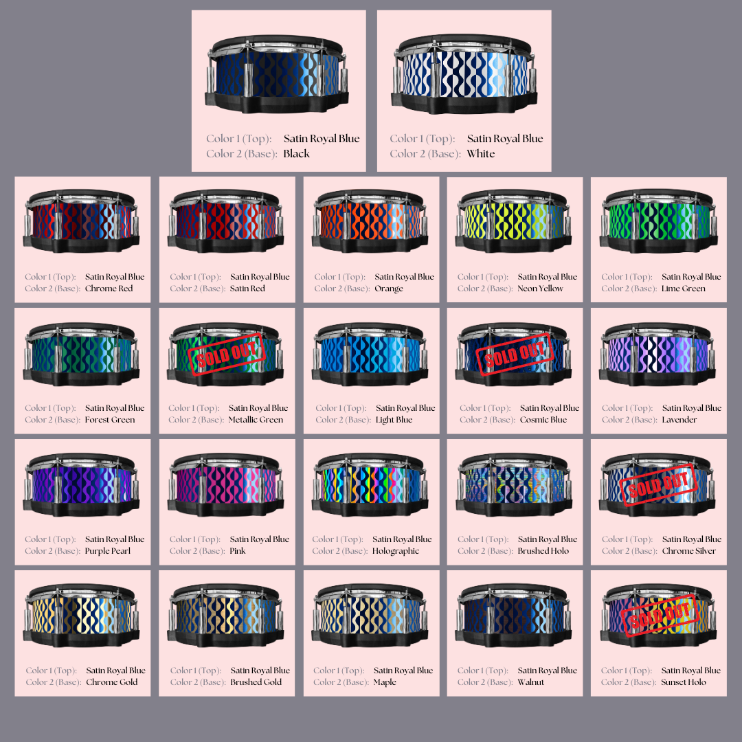 Easy-to-install custom vinyl snare drum wrap color catalogue featuring a wide range of color and pattern options on a snare drum, perfect for drummers looking to personalize their snare drum with unique designs.