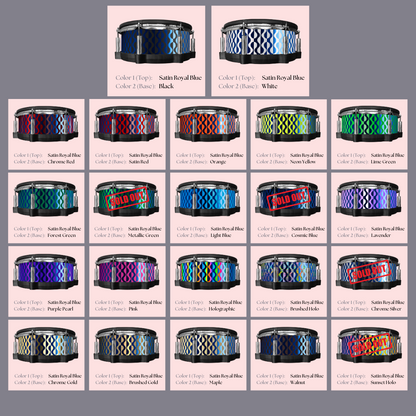 Easy-to-install custom vinyl snare drum wrap color catalogue featuring a wide range of color and pattern options on a snare drum, perfect for drummers looking to personalize their snare drum with unique designs.