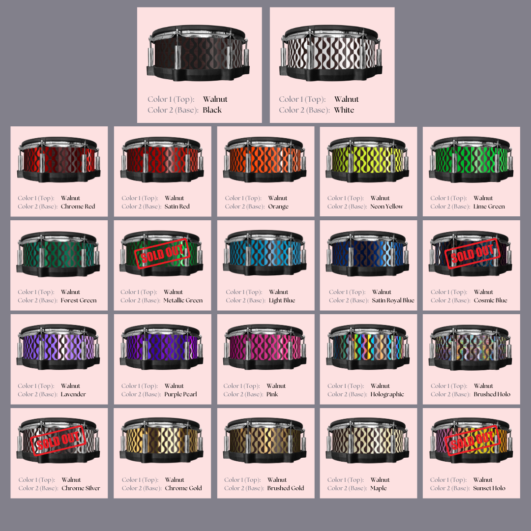 Easy-to-install custom vinyl snare drum wrap color catalogue featuring a wide range of color and pattern options on a snare drum, perfect for drummers looking to personalize their snare drum with unique designs.