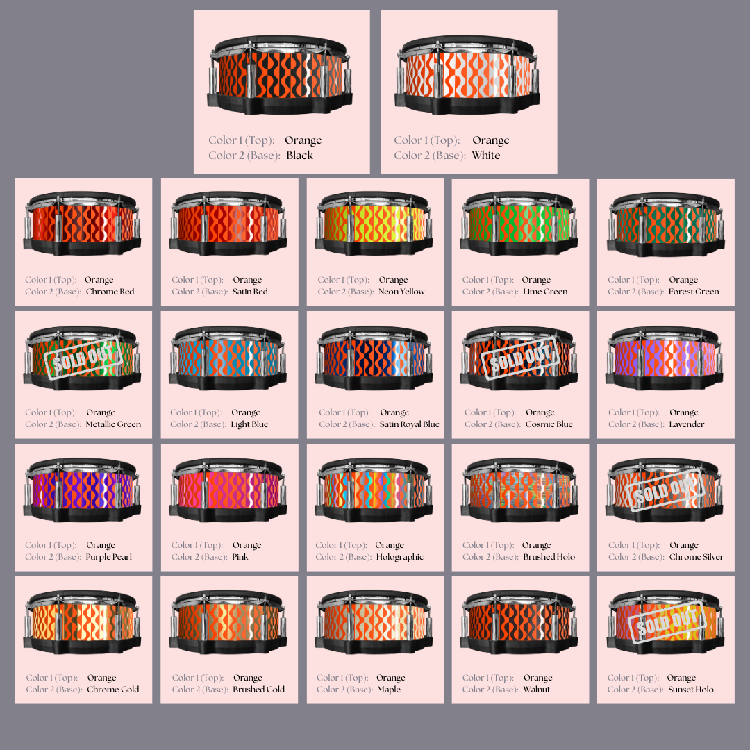 
Easy-to-install custom vinyl snare drum wrap color catalogue featuring a wide range of color and pattern options on a snare drum, perfect for drummers looking to personalize their snare drum with unique designs.