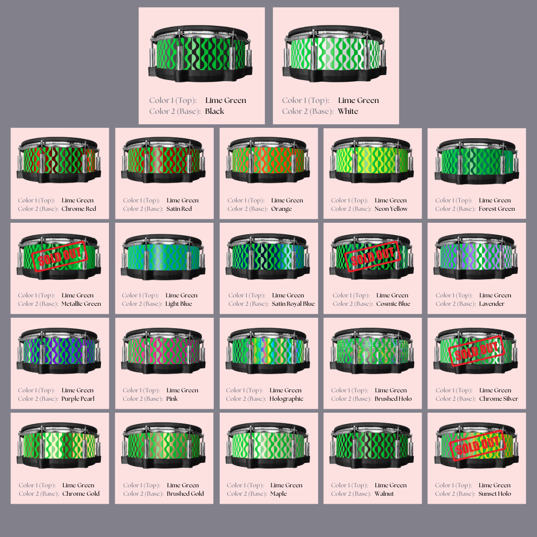 Easy-to-install custom vinyl snare drum wrap color catalogue featuring a wide range of color and pattern options on a snare drum, perfect for drummers looking to personalize their snare drum with unique designs.