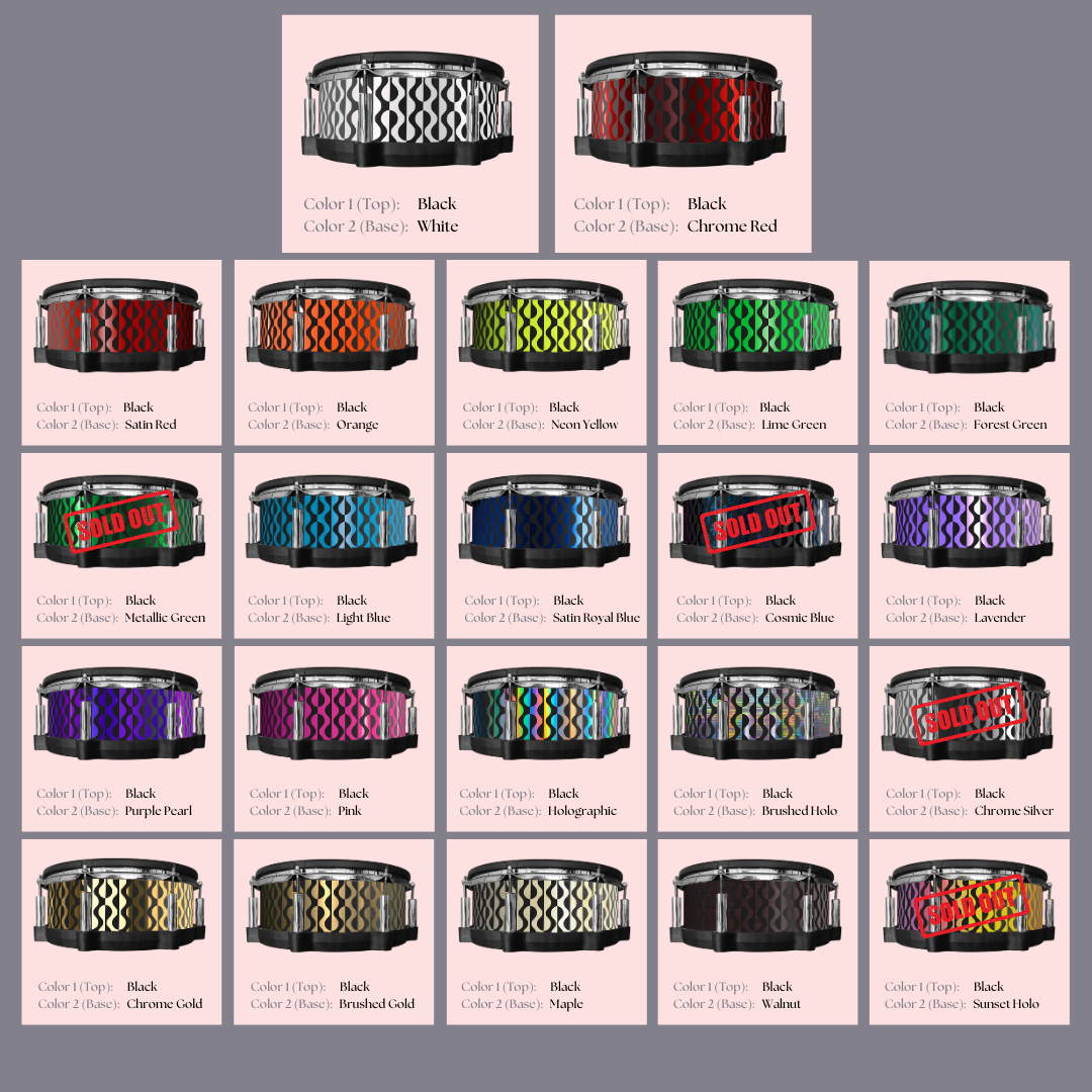 Easy-to-install custom vinyl snare drum wrap color catalogue featuring a wide range of color and pattern options on a snare drum, perfect for drummers looking to personalize their snare drum with unique designs.