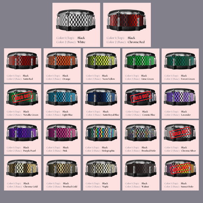 Easy-to-install custom vinyl snare drum wrap color catalogue featuring a wide range of color and pattern options on a snare drum, perfect for drummers looking to personalize their snare drum with unique designs.
