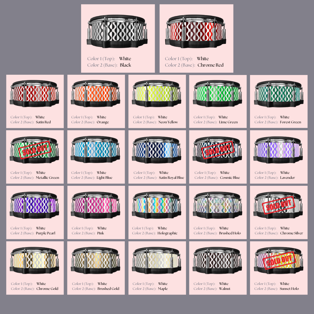 Easy-to-install custom vinyl snare drum wrap color catalogue featuring a wide range of color and pattern options on a snare drum, perfect for drummers looking to personalize their snare drum with unique designs.