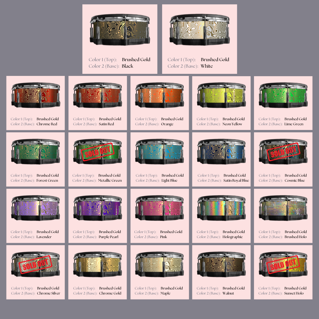 Easy-to-install vinyl snare drum wrap color catalogue featuring a wide range of color and pattern options, perfect for drummers looking to personalize their snare drum with unique designs.