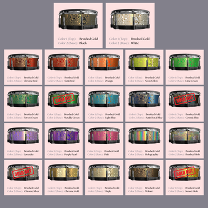 Easy-to-install vinyl snare drum wrap color catalogue featuring a wide range of color and pattern options, perfect for drummers looking to personalize their snare drum with unique designs.