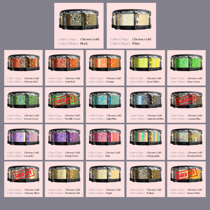 Easy-to-install vinyl snare drum wrap color catalogue featuring a wide range of color and pattern options, perfect for drummers looking to personalize their snare drum with unique designs.