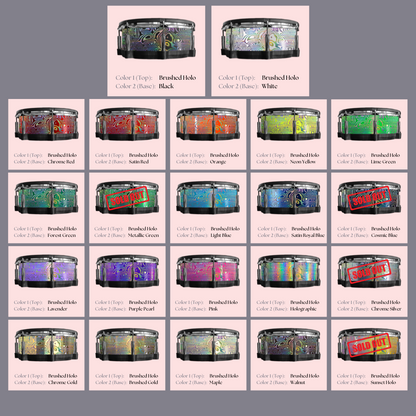 Easy-to-install vinyl snare drum wrap color catalogue featuring a wide range of color and pattern options, perfect for drummers looking to personalize their snare drum with unique designs.