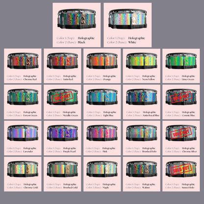 Easy-to-install vinyl snare drum wrap color catalogue featuring a wide range of color and pattern options, perfect for drummers looking to personalize their snare drum with unique designs.