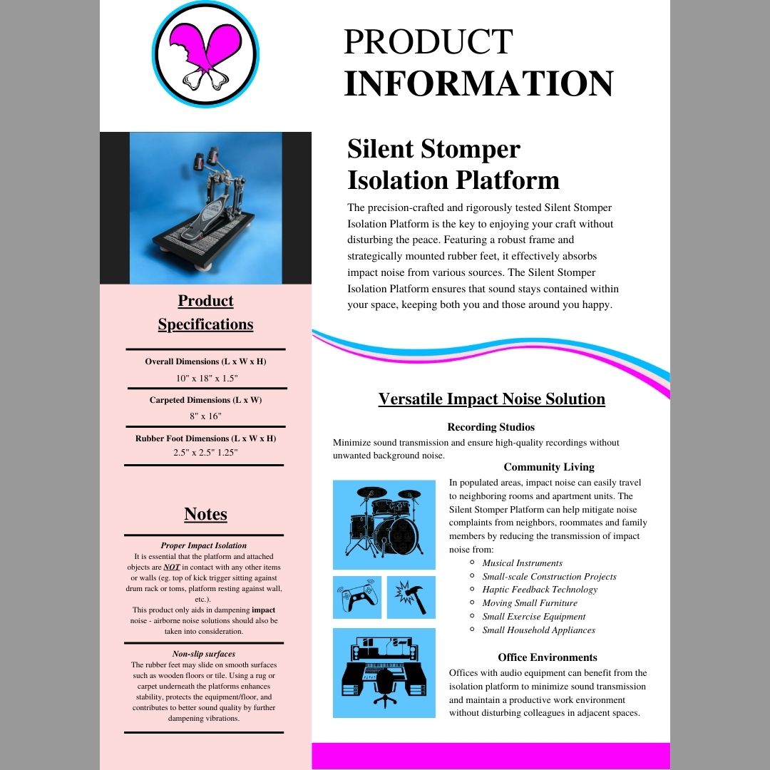 Information Sheet for a single pedal Silent Stomper impact noise isolation platform designed for drummers, enabling quiet practice in enclosed spaces like apartment buildings by reducing vibrations and preventing noise disturbances for neighbors.