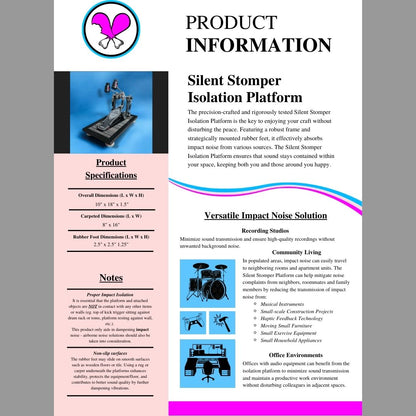 Information Sheet for a single pedal Silent Stomper impact noise isolation platform designed for drummers, enabling quiet practice in enclosed spaces like apartment buildings by reducing vibrations and preventing noise disturbances for neighbors.