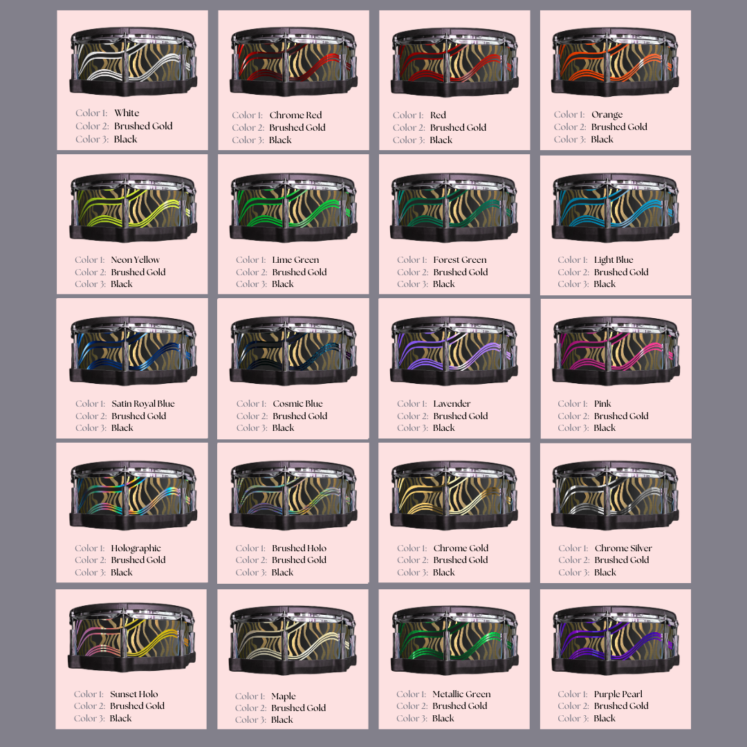 Easy-to-install vinyl snare drum wrap color catalogue featuring a wide range of color and pattern options, perfect for drummers looking to personalize their snare drum with unique designs.