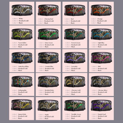 Easy-to-install vinyl snare drum wrap color catalogue featuring a wide range of color and pattern options, perfect for drummers looking to personalize their snare drum with unique designs.