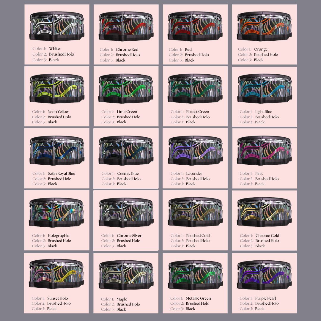 Easy-to-install vinyl snare drum wrap color catalogue featuring a wide range of color and pattern options, perfect for drummers looking to personalize their snare drum with unique designs.