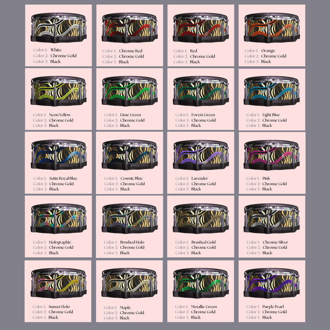 Easy-to-install vinyl snare drum wrap color catalogue featuring a wide range of color and pattern options, perfect for drummers looking to personalize their snare drum with unique designs.