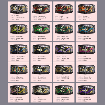 Easy-to-install vinyl snare drum wrap color catalogue featuring a wide range of color and pattern options, perfect for drummers looking to personalize their snare drum with unique designs.