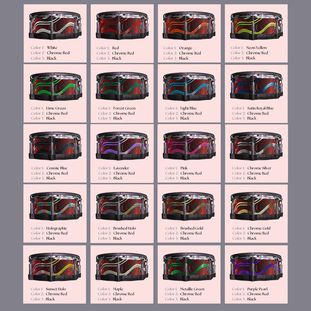 Easy-to-install vinyl snare drum wrap color catalogue featuring a wide range of color and pattern options, perfect for drummers looking to personalize their snare drum with unique designs.