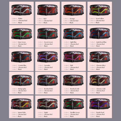 Easy-to-install vinyl snare drum wrap color catalogue featuring a wide range of color and pattern options, perfect for drummers looking to personalize their snare drum with unique designs.