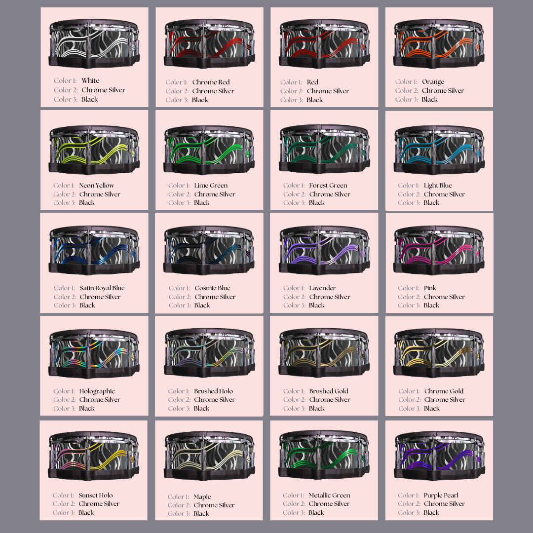 Easy-to-install vinyl snare drum wrap color catalogue featuring a wide range of color and pattern options, perfect for drummers looking to personalize their snare drum with unique designs.