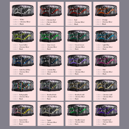 Easy-to-install vinyl snare drum wrap color catalogue featuring a wide range of color and pattern options, perfect for drummers looking to personalize their snare drum with unique designs.