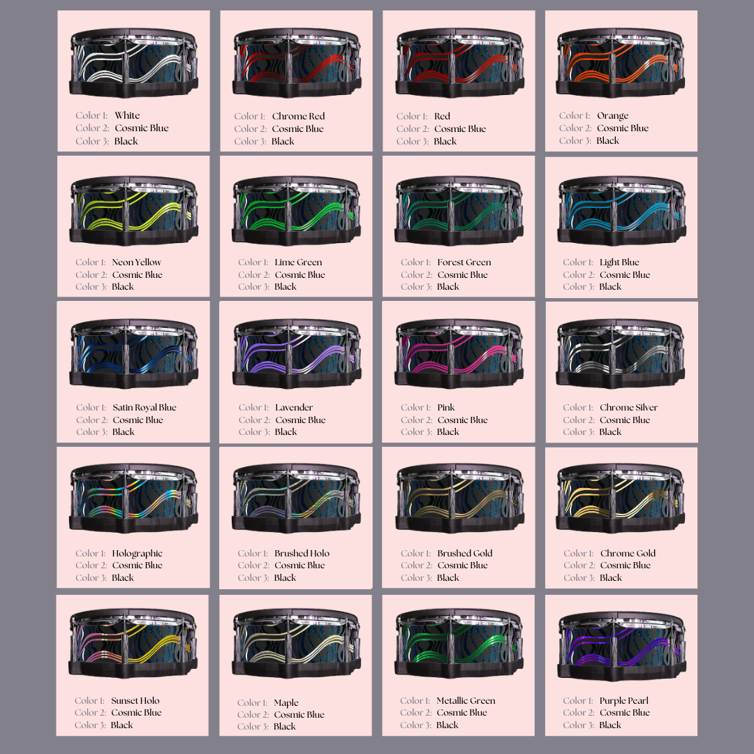 Easy-to-install vinyl snare drum wrap color catalogue featuring a wide range of color and pattern options, perfect for drummers looking to personalize their snare drum with unique designs.