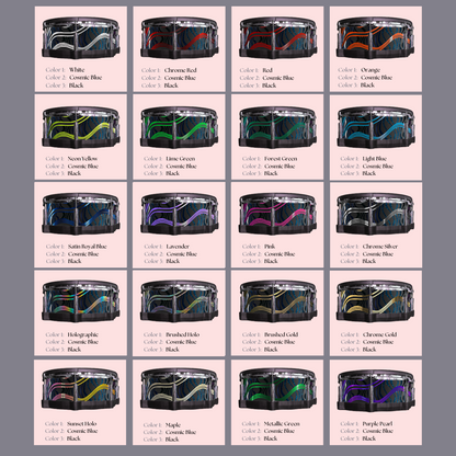 Easy-to-install vinyl snare drum wrap color catalogue featuring a wide range of color and pattern options, perfect for drummers looking to personalize their snare drum with unique designs.