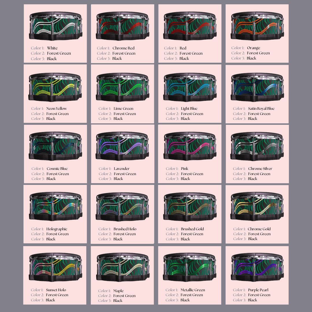 Easy-to-install vinyl snare drum wrap color catalogue featuring a wide range of color and pattern options, perfect for drummers looking to personalize their snare drum with unique designs.