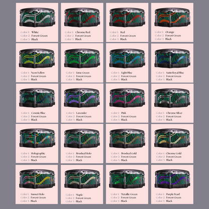 Easy-to-install vinyl snare drum wrap color catalogue featuring a wide range of color and pattern options, perfect for drummers looking to personalize their snare drum with unique designs.