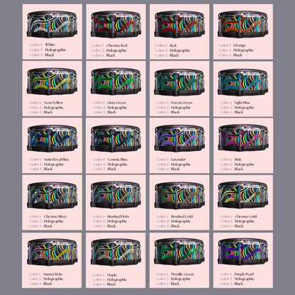 Easy-to-install vinyl snare drum wrap color catalogue featuring a wide range of color and pattern options, perfect for drummers looking to personalize their snare drum with unique designs.