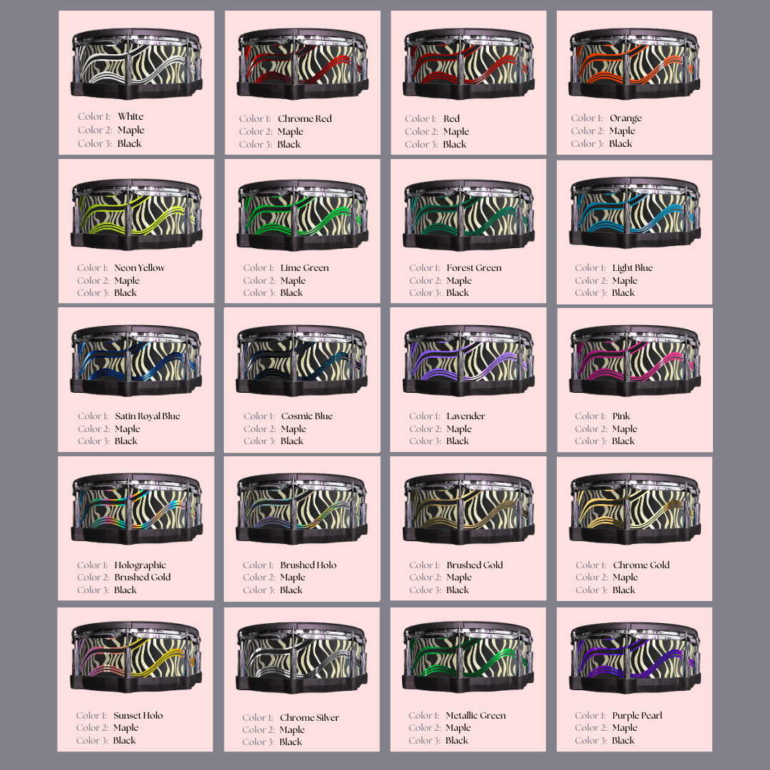 Easy-to-install vinyl snare drum wrap color catalogue featuring a wide range of color and pattern options, perfect for drummers looking to personalize their snare drum with unique designs.