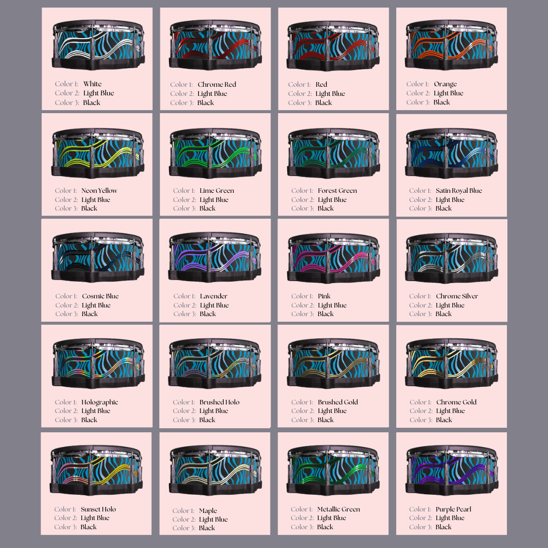 Easy-to-install vinyl snare drum wrap color catalogue featuring a wide range of color and pattern options, perfect for drummers looking to personalize their snare drum with unique designs.