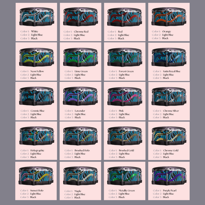 Easy-to-install vinyl snare drum wrap color catalogue featuring a wide range of color and pattern options, perfect for drummers looking to personalize their snare drum with unique designs.