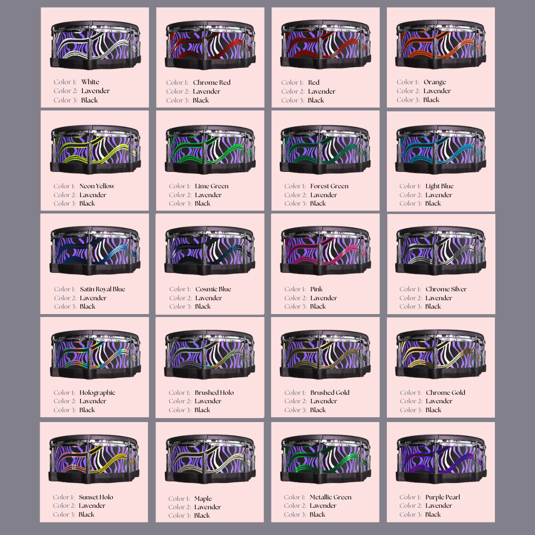 Easy-to-install vinyl snare drum wrap color catalogue featuring a wide range of color and pattern options, perfect for drummers looking to personalize their snare drum with unique designs.