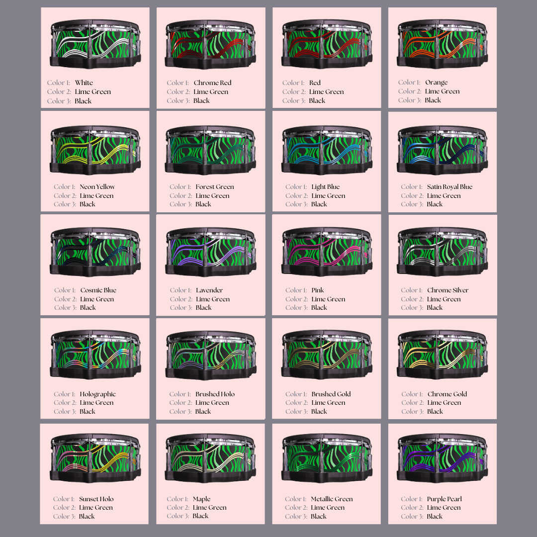 Easy-to-install vinyl snare drum wrap color catalogue featuring a wide range of color and pattern options, perfect for drummers looking to personalize their snare drum with unique designs.