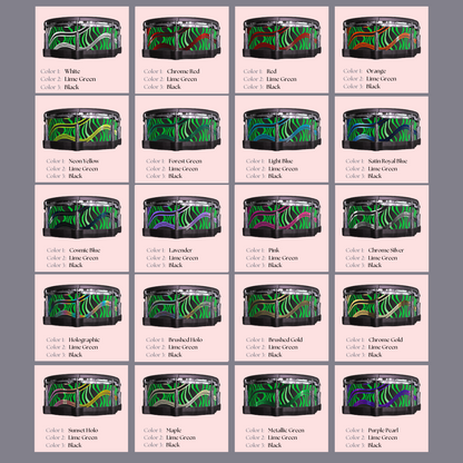 Easy-to-install vinyl snare drum wrap color catalogue featuring a wide range of color and pattern options, perfect for drummers looking to personalize their snare drum with unique designs.