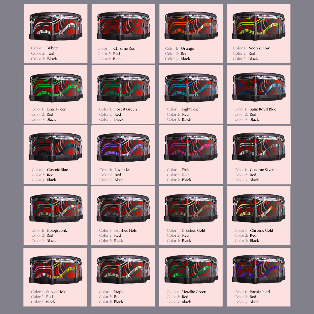Easy-to-install vinyl snare drum wrap color catalogue featuring a wide range of color and pattern options, perfect for drummers looking to personalize their snare drum with unique designs.