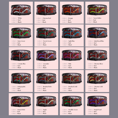 Easy-to-install vinyl snare drum wrap color catalogue featuring a wide range of color and pattern options, perfect for drummers looking to personalize their snare drum with unique designs.