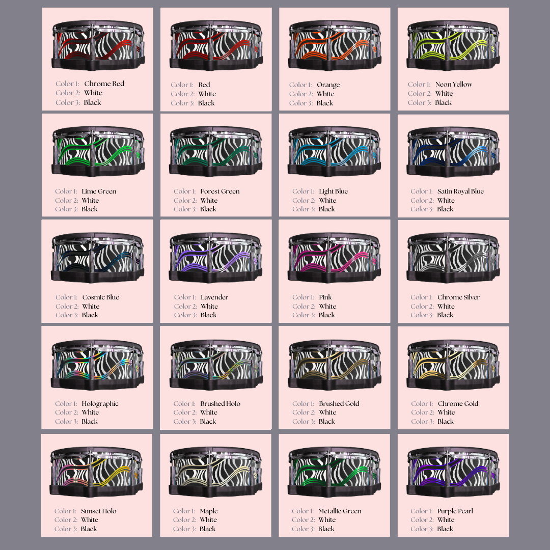 Easy-to-install vinyl snare drum wrap color catalogue featuring a wide range of color and pattern options, perfect for drummers looking to personalize their snare drum with unique designs.