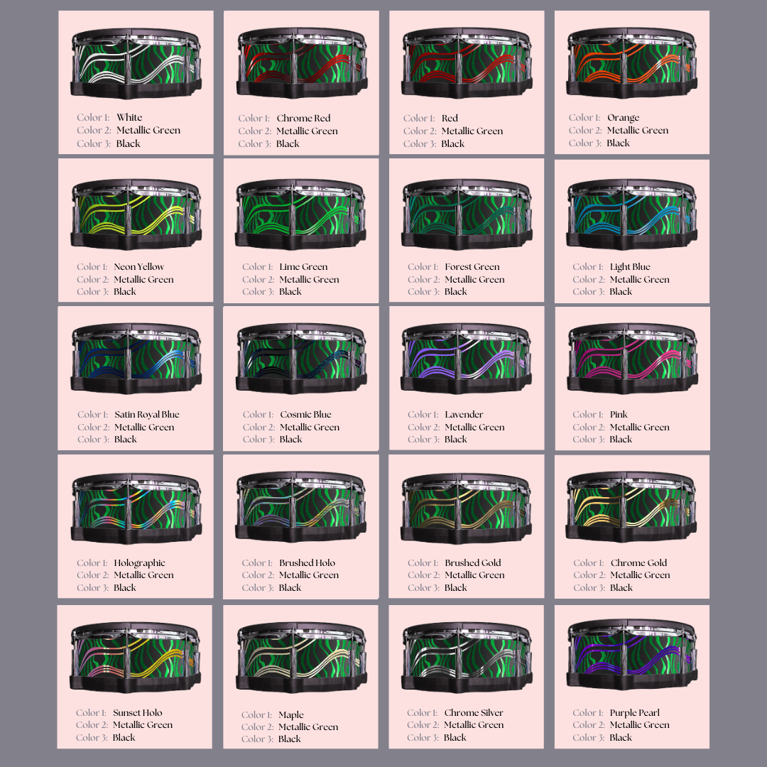Easy-to-install vinyl snare drum wrap color catalogue featuring a wide range of color and pattern options, perfect for drummers looking to personalize their snare drum with unique designs.