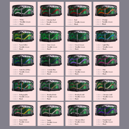 Easy-to-install vinyl snare drum wrap color catalogue featuring a wide range of color and pattern options, perfect for drummers looking to personalize their snare drum with unique designs.